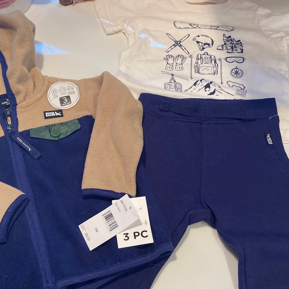 Eddie Bauer Kids 18 M Navy Tan Fleece Zip Hoodie Jacket Coat Pants Tee Ski Theme
